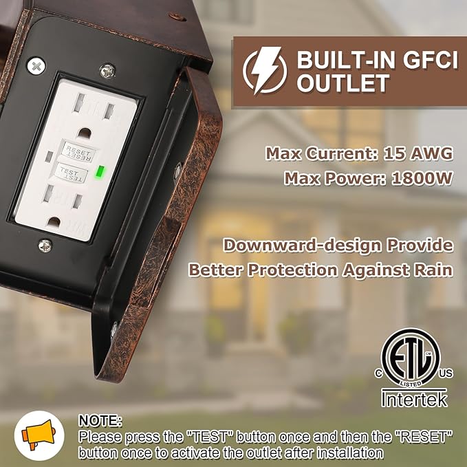 Porch Light with GFCI Outlet Dusk to Dawn Outdoor Lighting with Aluminum Frame and Clear Glass Shade Waterproof Wall Sconce Outside Lights for House Garage Front Door Bulb Included(Antique Bronze)