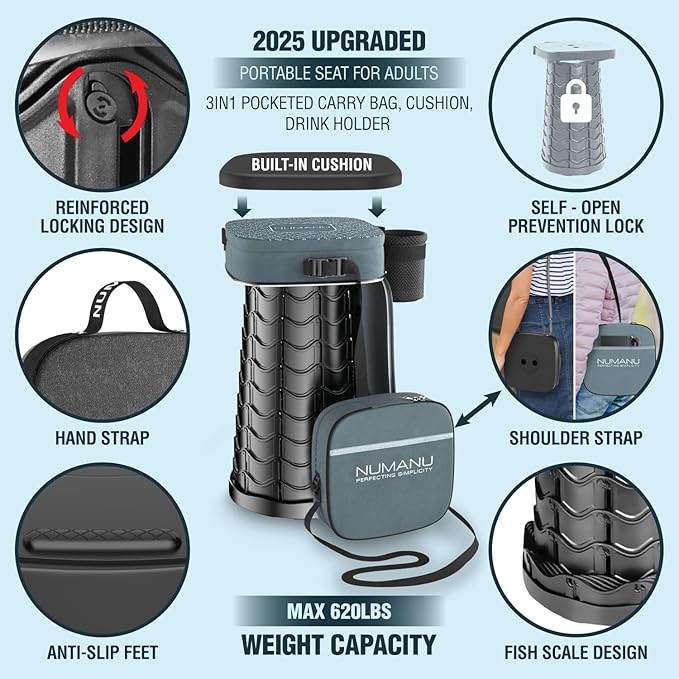 NUMANU 2026 Upgraded Collapsible Stool &amp 3IN1 Cushioned Carry Bag Max 620lbs 18 Height Adjustable Portable Stool Retractable Telescoping Seat Foldable Camping Stool for Adults or Footrest (Squ