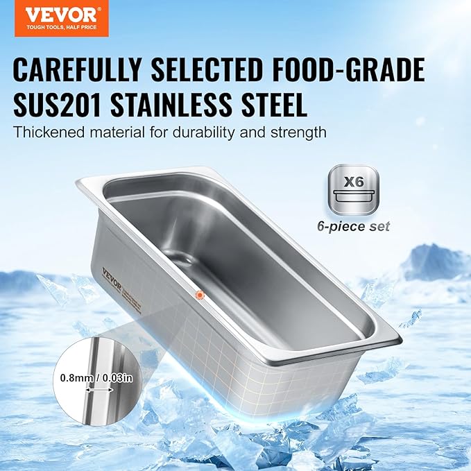 VEVOR 6-Pack Stainless Steel Hotel Pans - 1/3 Size 4-Inch Deep 0.8mm Thick Anti-Jam Commercial Food Pans for Steam Tables Restaurants Catering &amp Industrial Use