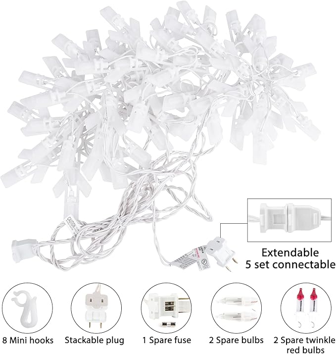 Minetom Snowflake Christmas String Lights with 6 Drops - 9ft 100 Mini Bulb Icicle Lights with Hooks Plug-in Connectable Hanging Lights for Christmas Home Indoor Outdoor Wedding Holiday Décor
