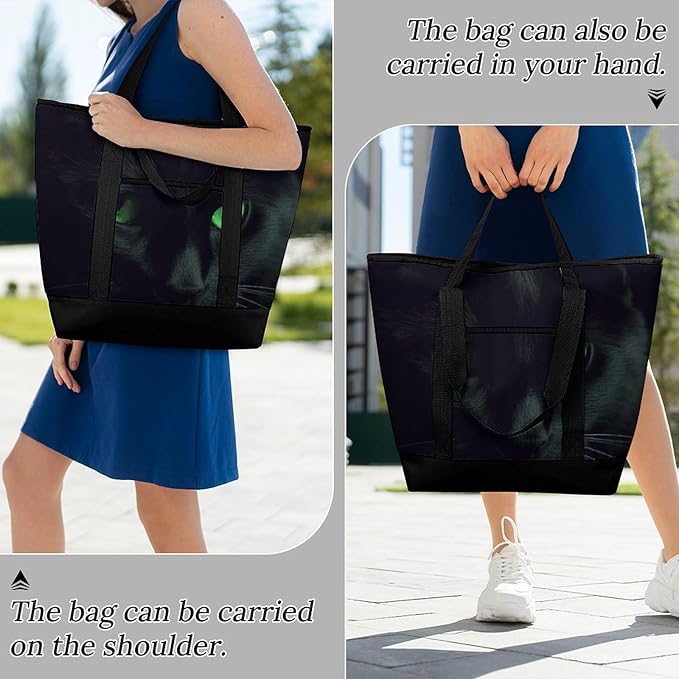 Insulated Shopping BagLarge Reusable Cooler Bags Black Cat Green Eyes Printed Foldable Shopping BagTravel Waterproof Shoulder Bag