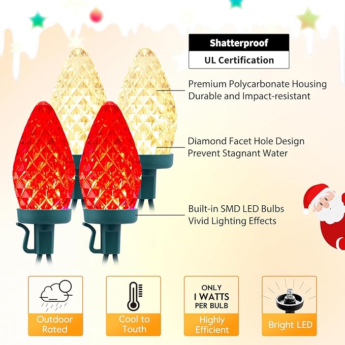 Brightown C9 LED Christmas String Lights 2 Pack Total 132ft 200LED Outdoor Lights String Plug-in Connectable Waterproof Roofline Lights String for Outside Yard Christmas Holiday Decor