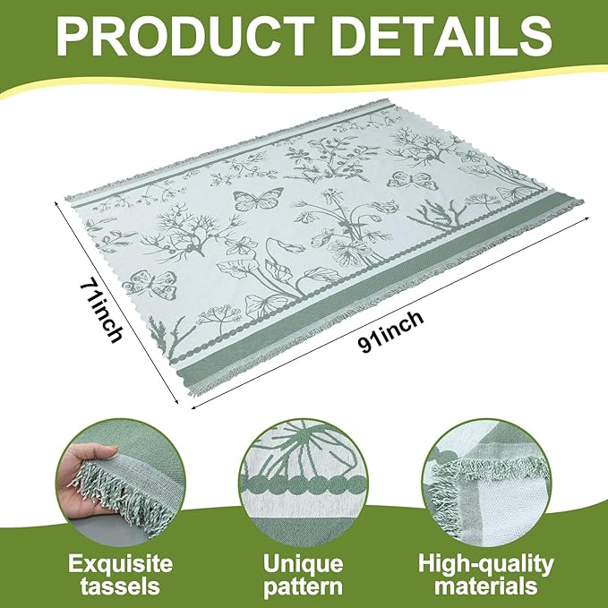 91x 71 in Extra Large Outdoor Picnic Blanket with Waterproof Mat Oversize Beach Woven Cotton Yarn Blanket with Fringe Machine Sandproof for Spring Summer Camping Beach Park(PlantsGreen)