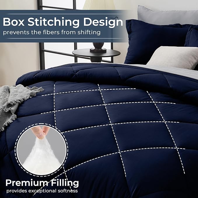 HEVUMYI King Comforter Set - 7-Piece All Season Bed in a Bag King Ultra Soft Bedding Set with Comforter Flat Sheet Fitted Sheet Pillowcases Pillow Shams Navy Blue &amp Light Grey
