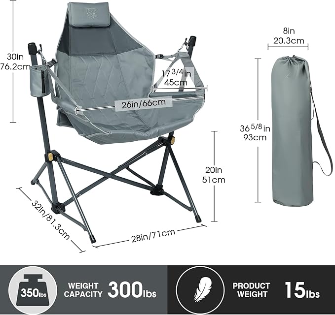 TIMBER RIDGE Hammock Camping Chair with Adjustable Backrest Heavy Duty Folding Hammock Chair Supports 300lbs Portable Hammock Chair for Camping Travelling and Patio Grey 2 Pack