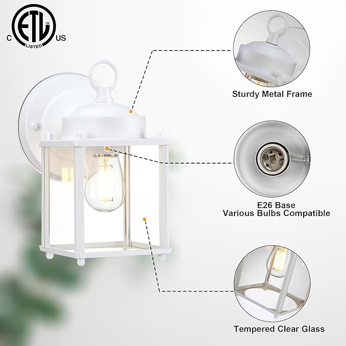 GRUENLICH Outdoor Wall Sconce Exterior Wall Lighting Fixtures with Clear Glass Front Porch Lighting Anti-Rust Outside Lights for Patio Doorway White 2 Pack