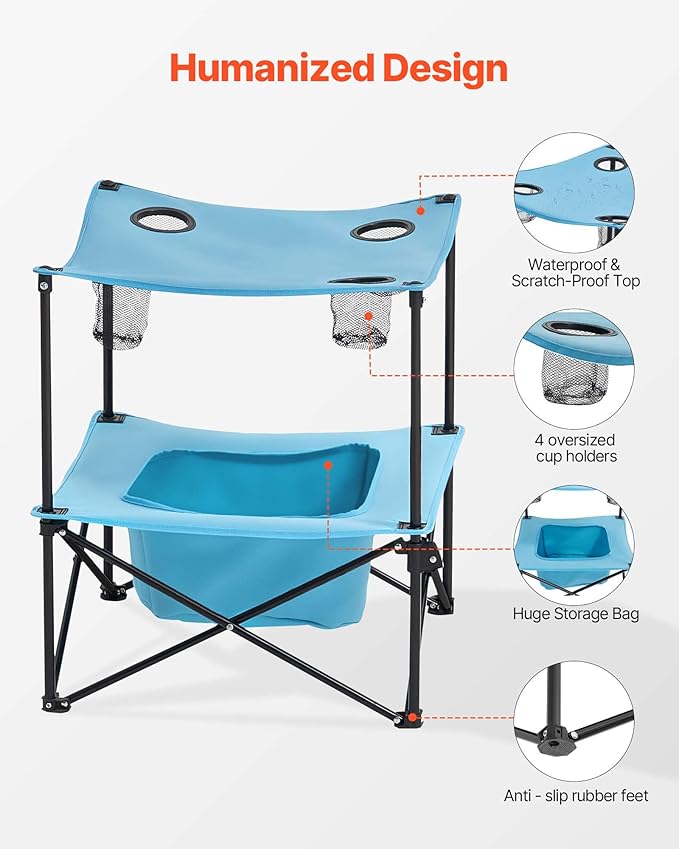 VEVOR Folding Camping Table Portable Outdoor Lightweight Picnic Table 600D Oxford Fabric Waterproof Canvas Travel Beach Tables with 4 Cup Holders Carry Bag for Tailgating Camping Picnic Blue