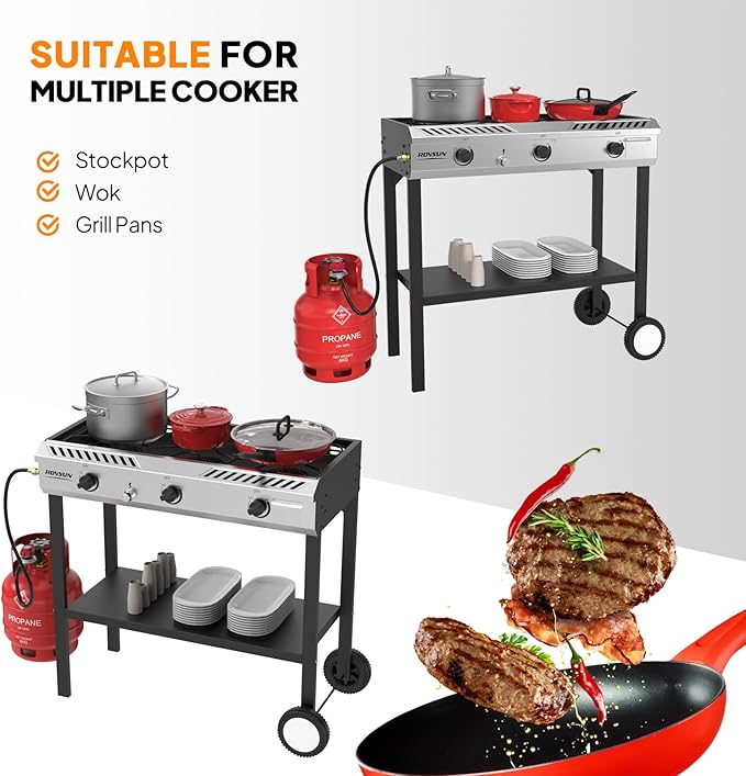 ROVSUN 3 Burner Outdoor Propane Burner with Ignition &amp Regulator 225000 BTU Powerful &amp Portable Gas Stove Outdoor Stand Cooker for Backyard Patio Cooking Home Camping Brewing Canning Turkey
