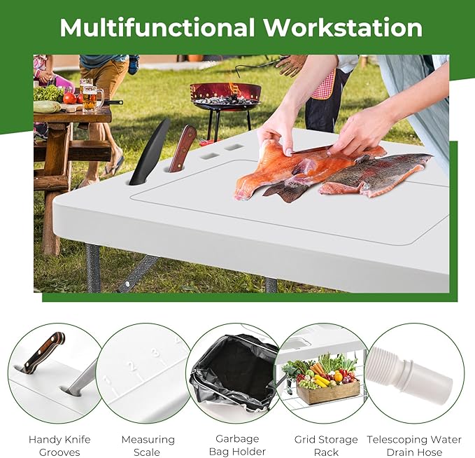Giantex Folding Fish Cleaning Table with Double Sinks Portable Fish Fillet Cleaning Station w/Faucet Drainage Hoses Sprayer &amp Storage Shelf 2-in-1 Outdoor Camping Table for Picnics Fishing