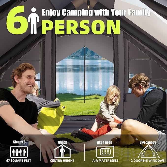 Inflatable Camping Tent with Electric Air Pump - 420D Heavy Duty Oxford - 5 Min Auto-Inflation - Panoramic Stargazing Skylight - 4 Season Luxury Glamping Cabin 4-10 Person Multiple Sizes