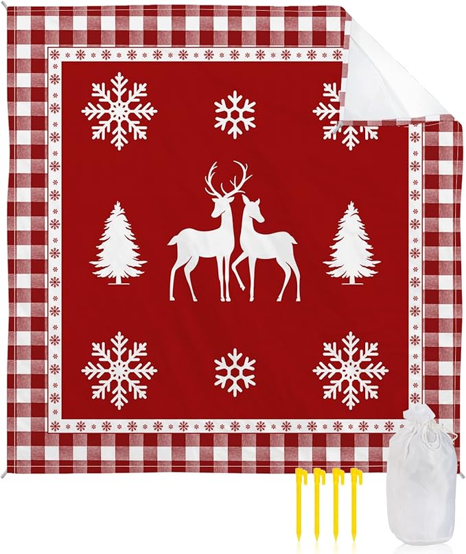 Beach Blanket Waterproof Sandproof OversizedChristmas Winter Snowflake Animal Elk Tree Beach Mat with Corner Stakes Sand PocketsRed Buffalo Plaid Shadow Outdoor Picnic Mat for Travel 118x108In