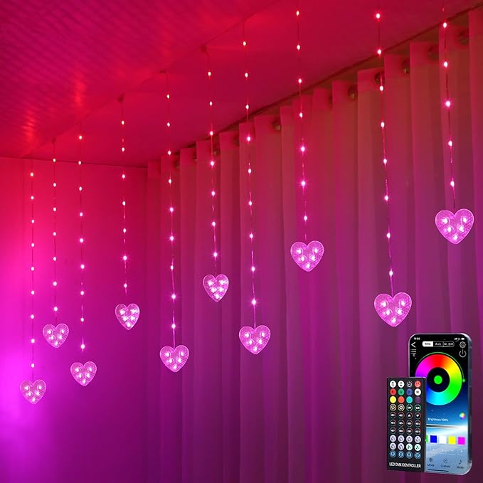Heart Curtain Lights Valentines Day Decor 10ft x 3.3ft RGB LED Color Changing String Fairy Lights Curtain 200+ Scene Modes for Valentines Day Decorations Bedroom Backdrop Indoor Outdoor
