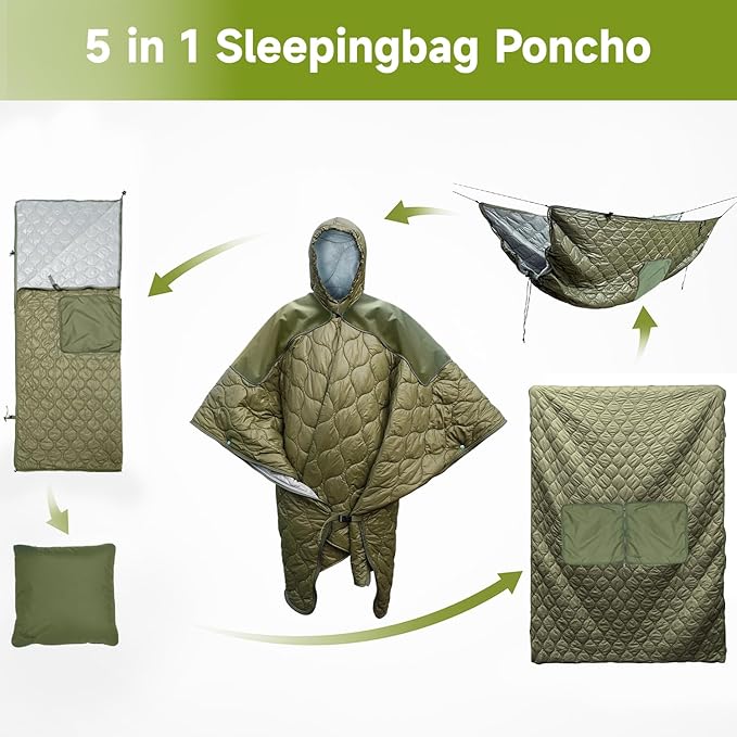 Sleeping Bag for Adult Wearable Blanket Insulated Poncho Hooded Sleepingbag Quilt for Winter Camping Hiking Sports