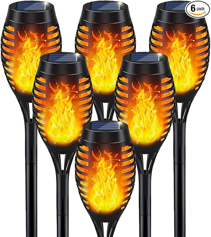 Solar Torch Lights Outdoor IP65 Waterproof with Realistic Flickering Flame - Auto On/Off Garden Lights for Patio Yard Pathway Enchanting Party Decor (6Pack)