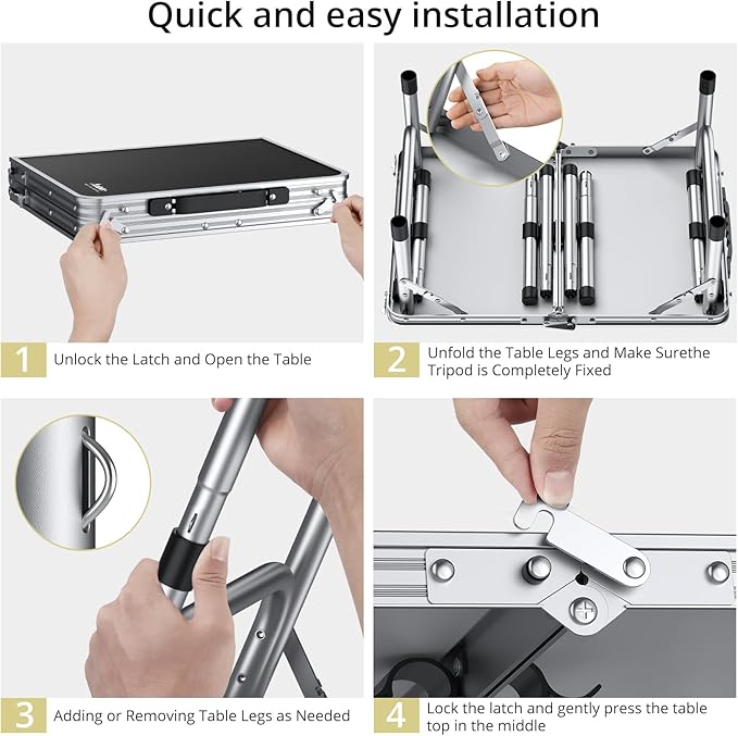 Anbte Folding Camping Table Aluminum 24 x 16 Adjustable Height Small Folding Table with Carrying Handle Lightweight Portable Camping Table Waterproof for Outdoor Indoor Picnic Beach BBQ (Black)