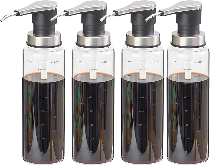 4 Pcs 16.9 Oz Pressing Sauce Bottles Clear Glass Dispensers with Pumps Stainless Steel for Coffee Syrup and Salad Dressing Leak-Proof