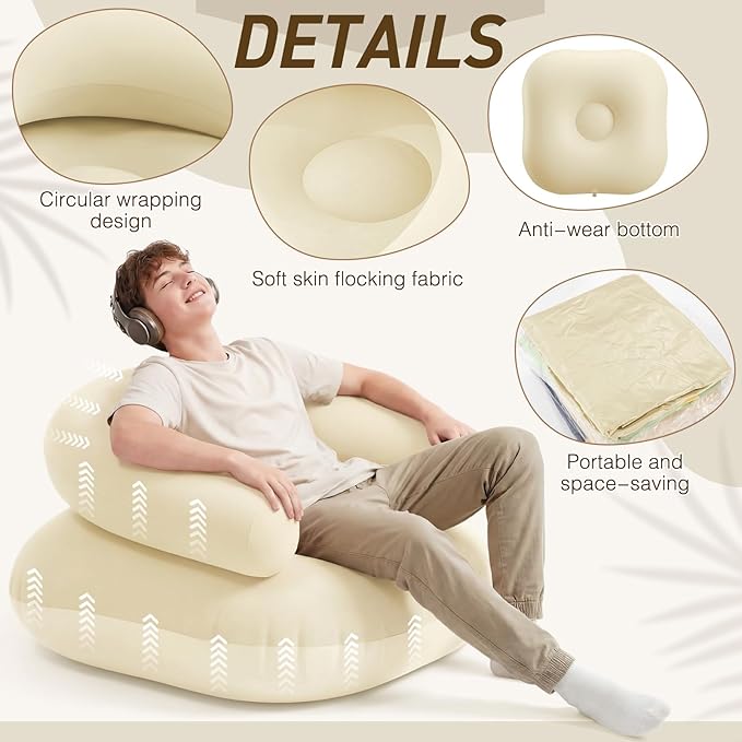Novabright 4 Pcs Inflatable Chairs for Adults Blow Up Games Chairs Folding Portable Flocking Inflatable Sofa for Living Room Learning Camping Party (Beige)