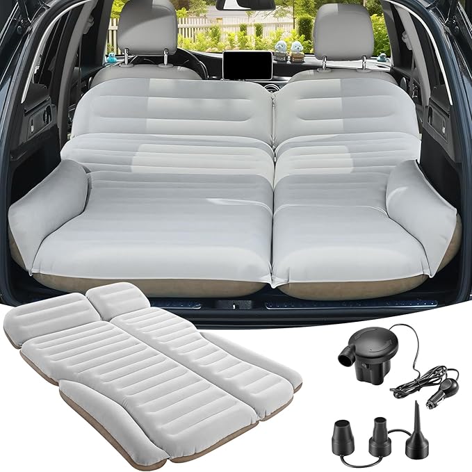 KMZ SUV Air Mattress Double Sided Thickened Flocking Car Bed – Portable Inflatable Mattress Pad for Camping &amp Travel with 2 Pillows &amp Electric Pump (Off-White and Coffee)
