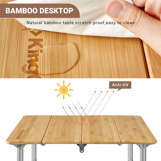 KingCamp Bamboo Folding Table Camping Table with Adjustable Height 4-Folds Compact Small Lightweight Portable Picnic Camp Table for Outdoor Backpacking Beach RV Travel Tailgating Barbecue 1-2 People