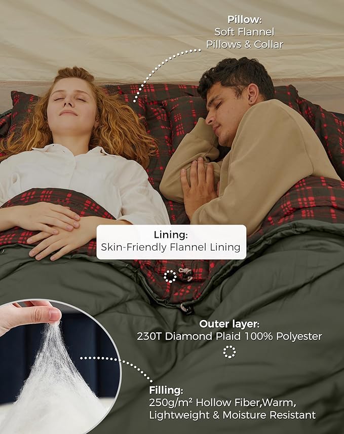KingCamp Double Sleeping Bag for Adults Queen Size 2 Person XXL Flannel Sleeping Bag Waterproof Lightweight Flannel Quilt with 2 Pillows Perfect for Couples Family Camping Hiking