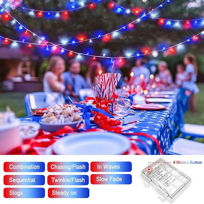 JMEXSUSS 2 Pack Red White and Blue Lights Outdoor 33ft 100 LED 4th of July Lights Battery Operated 8 Modes Patriotic Decorations for Indoor Outside Independence Day American Flag Holiday