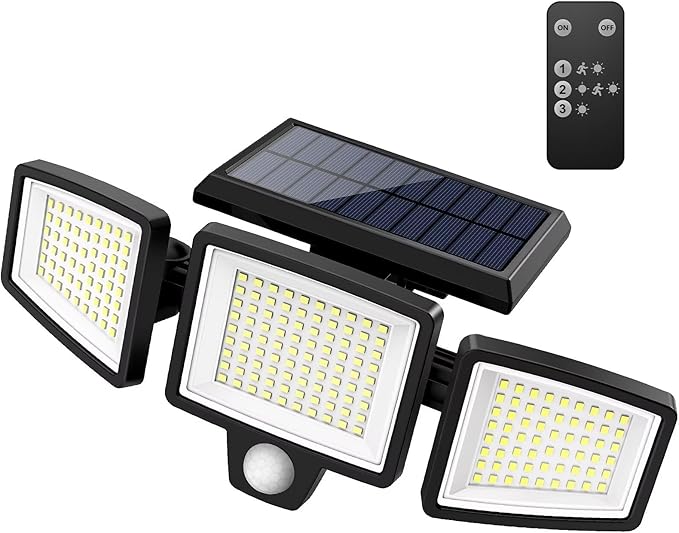 Tuffenough Solar Outdoor Lights 2500LM 210 LED Security Lights with Remote Control3 Heads Motion Sensor Lights IP65 Waterproof270° Wide Angle Flood Wall Lights with 3 Modes(1 Packs)