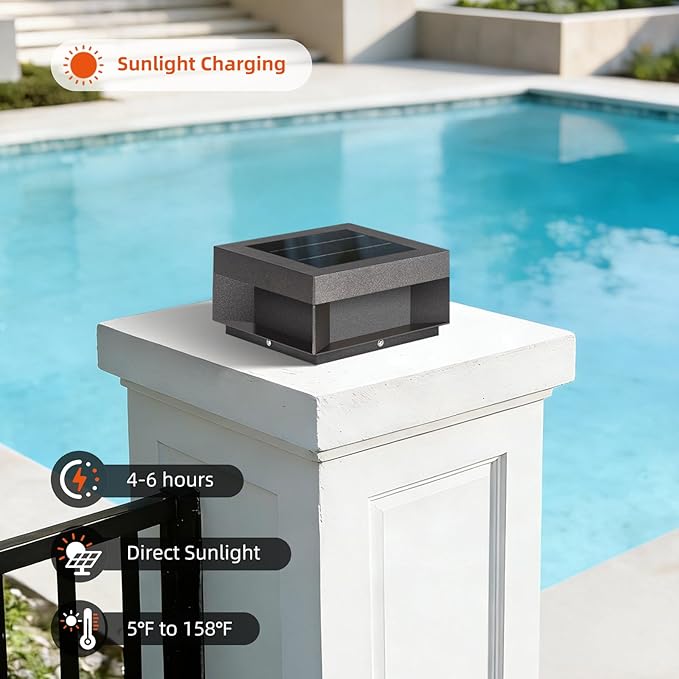 Solar Post Lights Outdoor 7.9'' Pillar Lights Waterproof 3000K Fence Column Cap Light Dusk to Dawn Solar Powered Lantern Modern Lamp Posts Outdoor Lighting Fixture for Yard Pathway Deck Garden