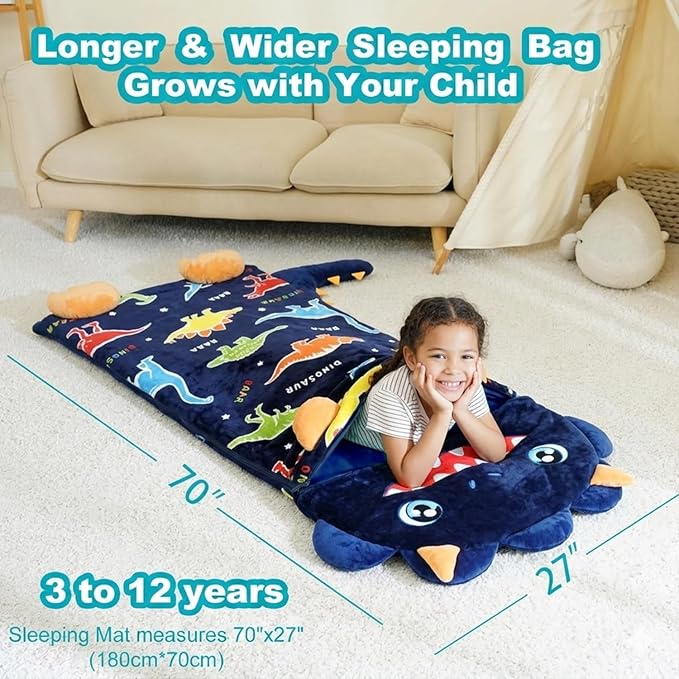 Kid Sleeping Bag with Pillow - Larger Nap Mat - Plush Slumber Bag for Boys Girls Daycare Preschool Kindergarten Birthday Gift Travel Sleepover Ages 3-12 Years
