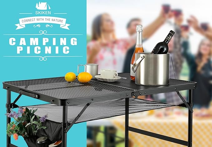 Folding Metal Camping Table with Mesh Layer Portable &amp Lightweight Grill Table for Outdoor 2 Adjustable Heights Metal Mesh Tabletop for Camping Cooking Medium Size (2.95 FT Black)