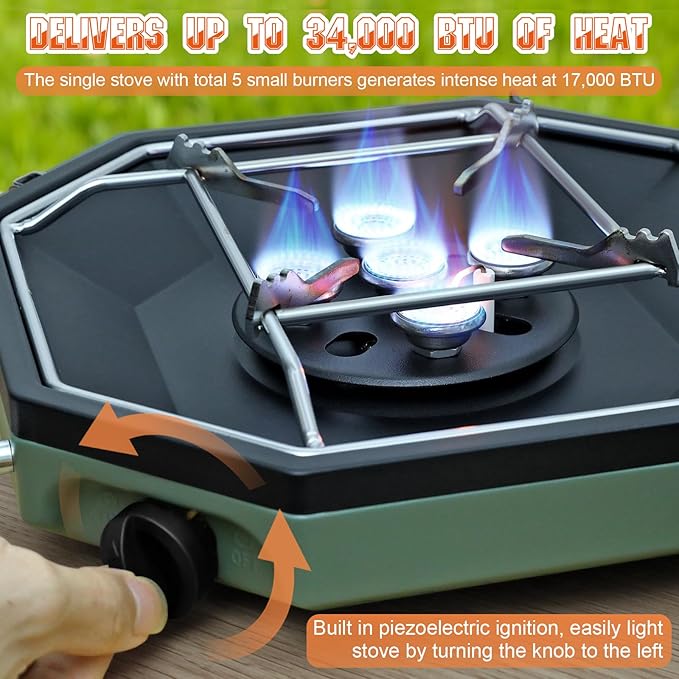 Camping Stove Propane Two Burner 34000BTU Foldable Camp Stove Gas Propane Burners for Outdoor Cooking Portable Stoves Gas Burners with Windsheild Carrying Bag Grates Regulator