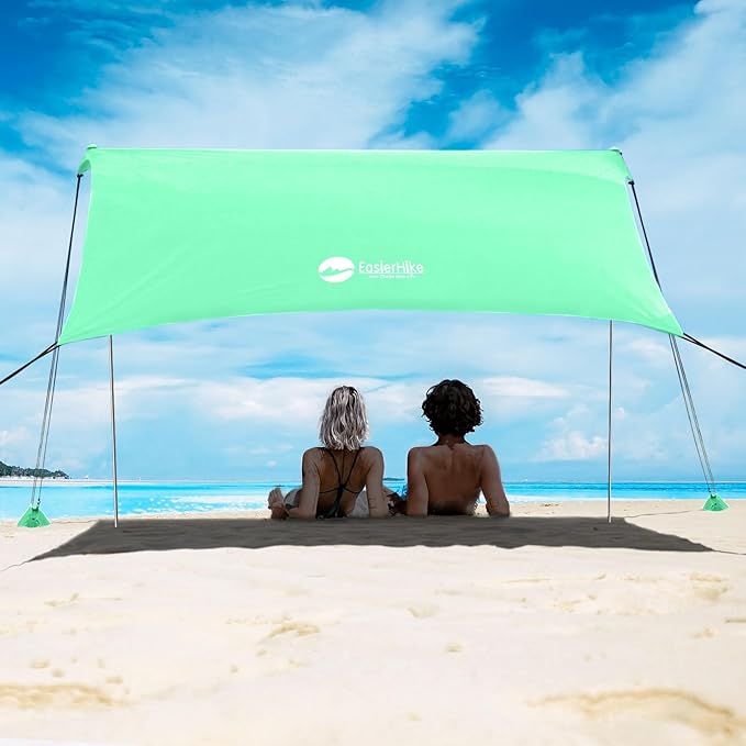 Beach Shade Tent 7 × 7.15 Ft Portable Easy Pop Up Beach Canopy UPF50+ Sun Protection Shelter Windproof &amp Water Resistant Stable with 4 Sandbags &amp Windproof Cords Perfect for Family