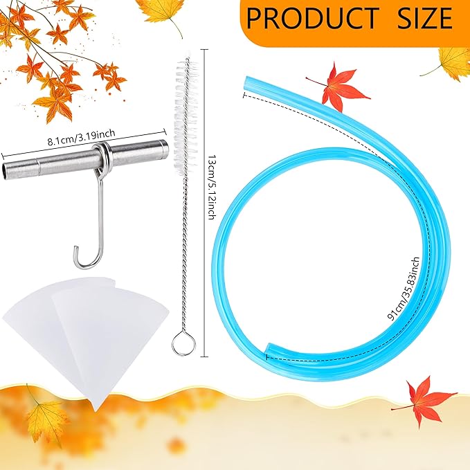 33 Pcs Maple Syrup Taps Kit Include 9 Pcs Taps Spiles with Hooks 3 Pcs Filtering Funnel 9 Pcs Blue Food Grade Maple Syrup Tubing With 3 Pcs Spile Cleaning Brush