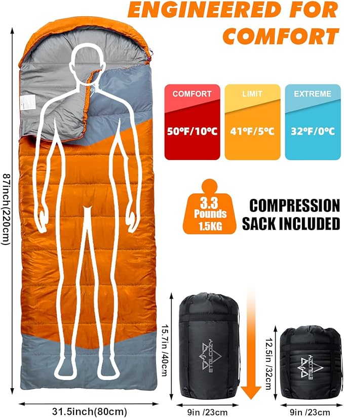 Lightweight 3-Season Sleeping Bag for Adults/Kids Camping Compact w/Compression Sack Waterproof Ripstop Portable for Backpacking Hiking Travel