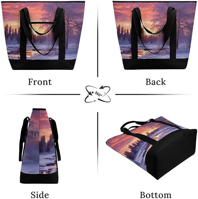 Insulated Shopping BagLarge Reusable Cooler Bags Winter Landscape Printed Foldable Shopping BagTravel Waterproof Shoulder Bag