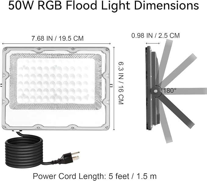 RGB LED Flood Lights Outdoor 50W (400W Equivalent) Color Changing Smart Lights 5000LM Bluetooth App &amp 2.4G Remote Control IP66 Waterproof Music Sync Timer 16 Million Colors(2-Pack)
