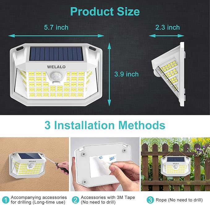 WELALO Solar Motion Sensor Lights Outdoor [3 Modes/4 Pack/188 LED] 270° Wide Angle Lighting Security Solar Powered Wall Lights IP65 Waterproof Flood Lights for Fence Porch Yard Patio(White)