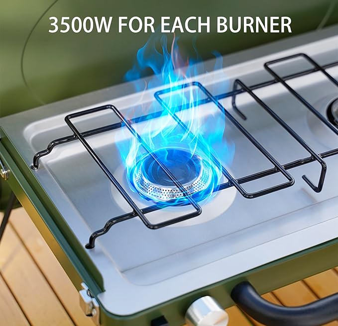 ONLYFIRE OUTDOOR LIVING Portable Camping Gas Stove 2-Burner Propane Camp Stove with Foldable Legs Heavy-Duty Latch &amp Handle for Patio Cooking Camping Tailgating RV BBQ Green GS331