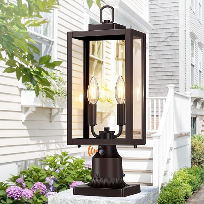 18'' Dusk to Dawn Outdoor Post Light Lamp Post Light Fixture Waterproof Modern Outside Post Lantern Column Lights Exterior Pole Lighting Pillar Lantern Brown 1 Pack (Not Include Mounting Base)