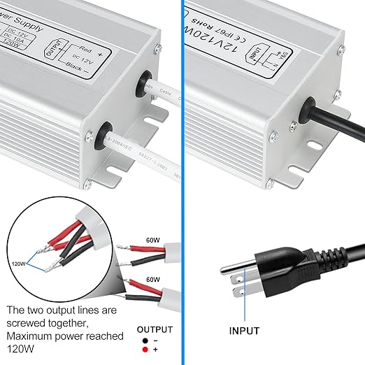 inShareplus LED Power Supply 120W IP67 Waterproof Outdoor DriverAC 80-265V to DC 12V 10A Low Voltage Transformer Adapter with 3-Prong Plug for LED Light Computer Project Outdoor Use