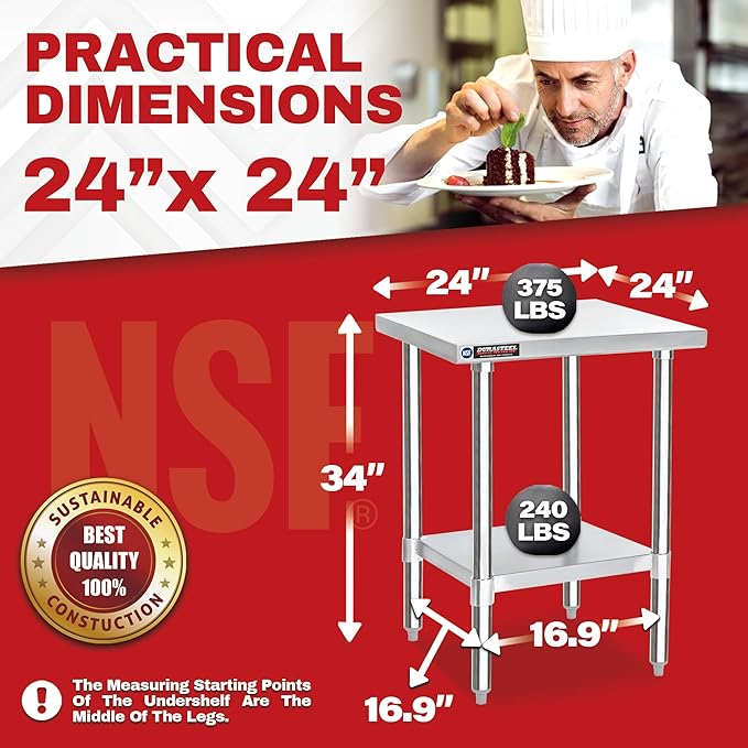 DuraSteel 24x24 Stainless Steel Prep Table - NSF Commercial Outdoor Grill Worktable - Metal Side Mixer Stand with Under Shelf - For Laundry Room Kitchen Small Spaces