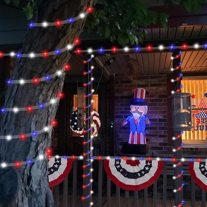 YEGUO Solar Christmas Light Outdoor Waterproof 66ft 200 LED Red White and Blue Rope Lights 8 Modes Tube String Lights in Clear Thin Tube