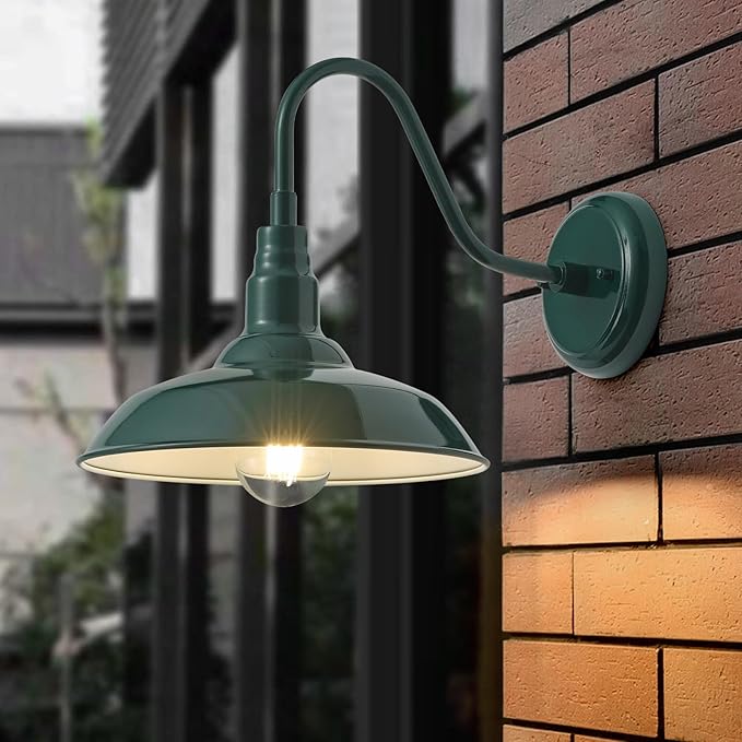 10in Outdoor Gooseneck Barn Light Wall Mount Green Exterior Farmhouse Porch Lights with White Interior Small Dome Outdoor Patio Gooseneck Wall Sconce Garage Lighting for House Cabin