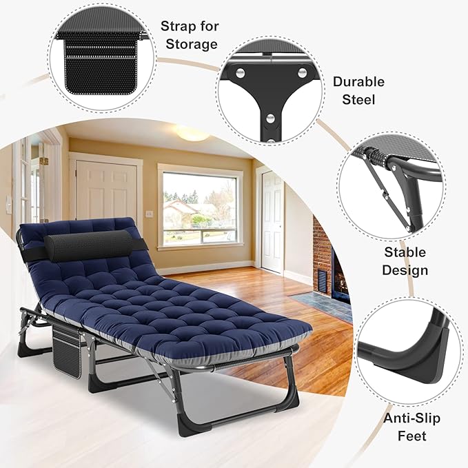 ABORON 5 Positions Camping Cots for AdultsOutdoor Folding Sleeping Cot/MatFolding Chaise Lounge Chair with PillowPortable Reclining Chair for Beach Lawn Camping PoolSunbathing Chairs