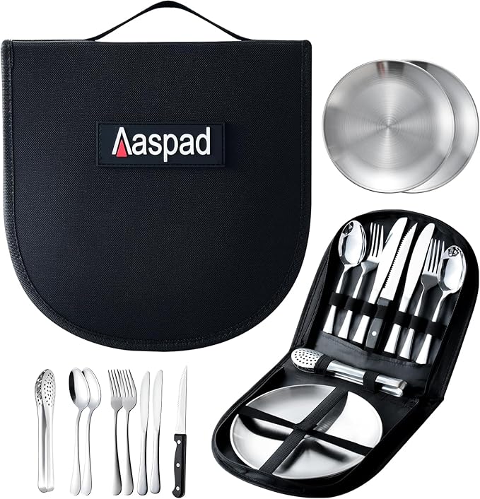 Full Size Stainless Steel Dish &amp Utensil Set Portable Picnic Mess Kit RV Camping Flatware Plate &amp Silverware Cutlery Dinnerware Packed 2 ForkSpoonSerrated KnifeFood Clip Outdoor Gift for Me