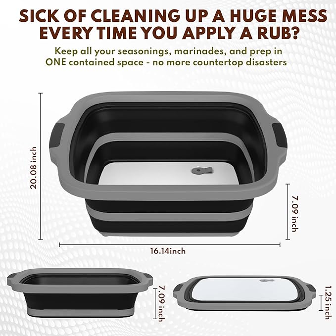Collapsible BBQ Prep Tub XL with Locking Lid &amp Cutting Board - Pro-Grade Silicone Grill Station for Brisket Ribs Meal Prep - Space-Saving Portable Container for Camping Tailgating &amp Outdoor