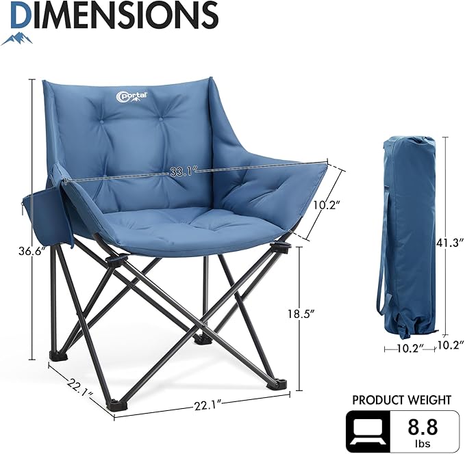 Portal Oversized Padded Camping Chair - Heavy Duty Folding Chair with Cup Holder &amp Side Pocket Supports 350 lbs for Camping Lawn Sports Blue