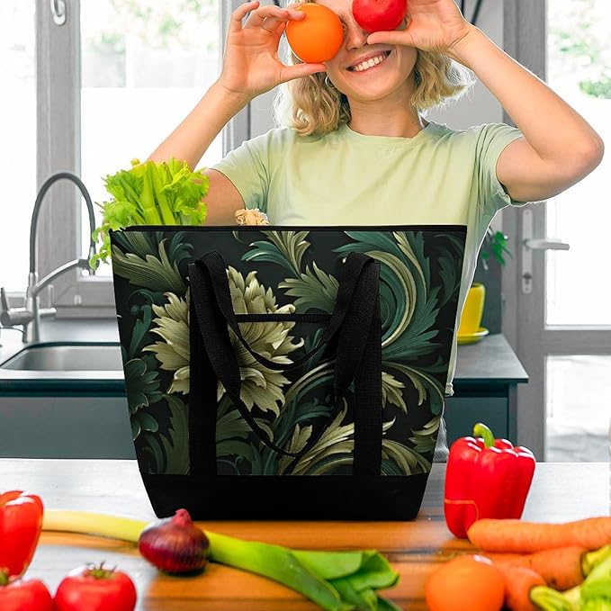 Insulated Shopping BagLarge Reusable Cooler Bags Dark Green And Green Style Printed Foldable Shopping BagTravel Waterproof Shoulder Bag