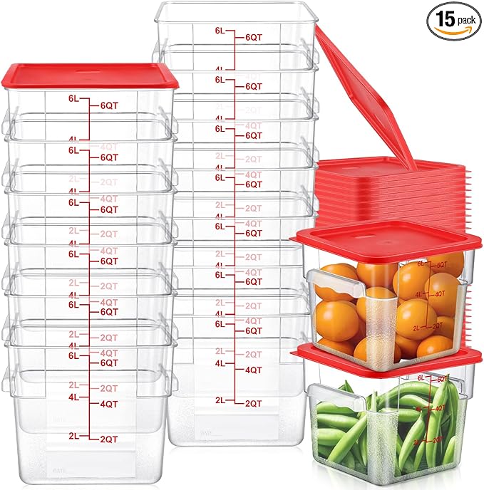 15 Sets 6 Qt Square Food Storage Containers with Lids Commercial Polycarbonate Containers Dough Proofing with Scale Clear Airtight Cereal for Pantry Home Restaurant