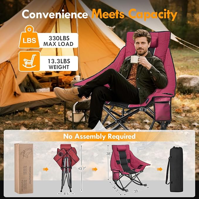 Slendor Oversized Heated Camping Chair with 2000mAh Battery Padded &amp Pillow Heated Rocking Chair 3 Adjustable Heat Settings Camping Rocker Chair for Easy Setup and Foldable Storage