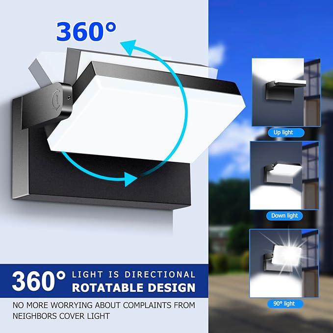 3CCT LED Outdoor Wall Lights 4800LM 360° Adjustable 3 Color Modes IP66 Waterproof Security Wall Pack Flood Lights for Garage Porch Patio Black